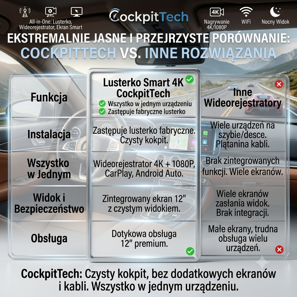 Lusterko z Wideorejestratorem 4K & Carplay/Android Auto – WiFi 5G, Kamera Cofania 1080P, COCKPITTECH