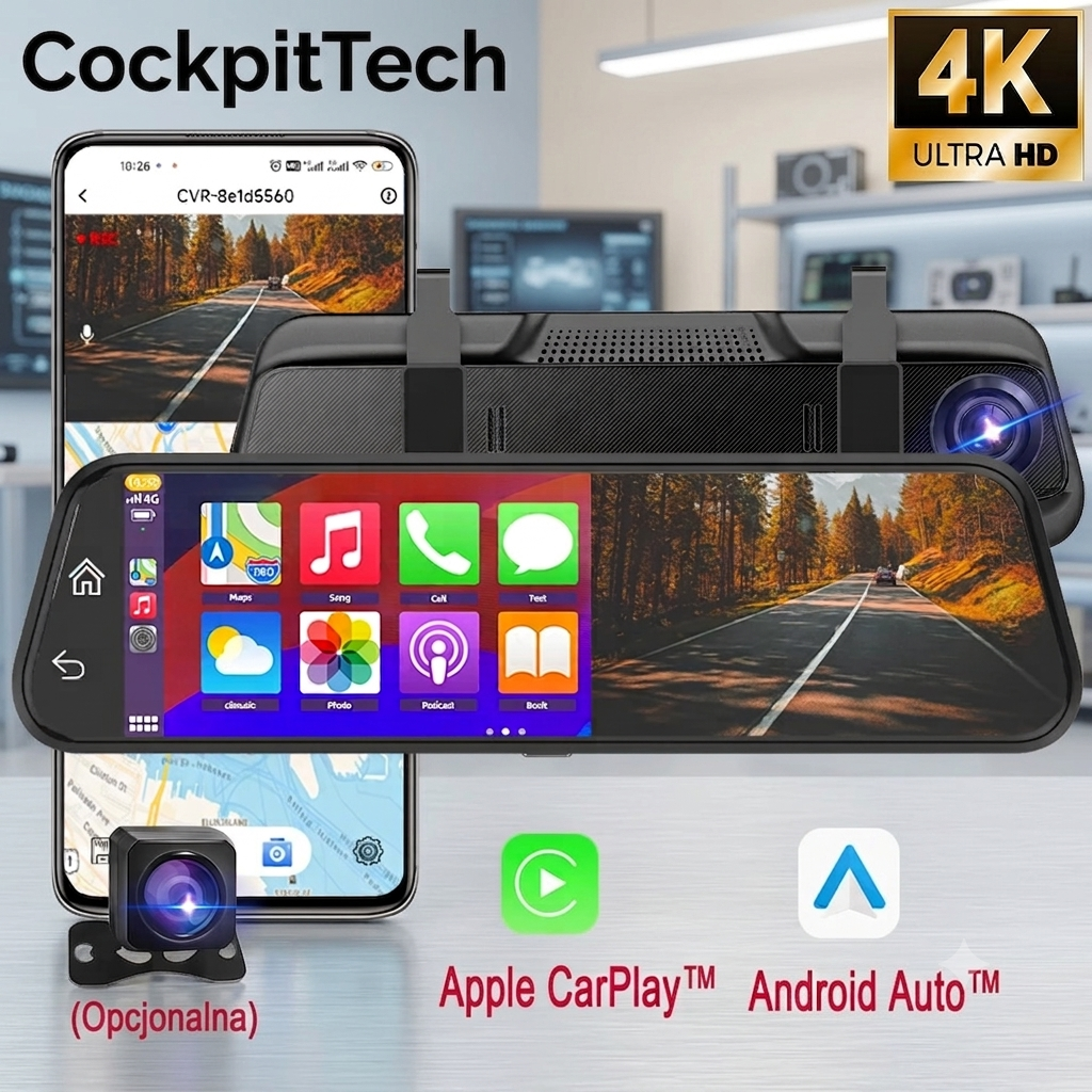 Lusterko z Wideorejestratorem 4K & Carplay/Android Auto – WiFi 5G, Kamera Cofania 1080P, COCKPITTECH