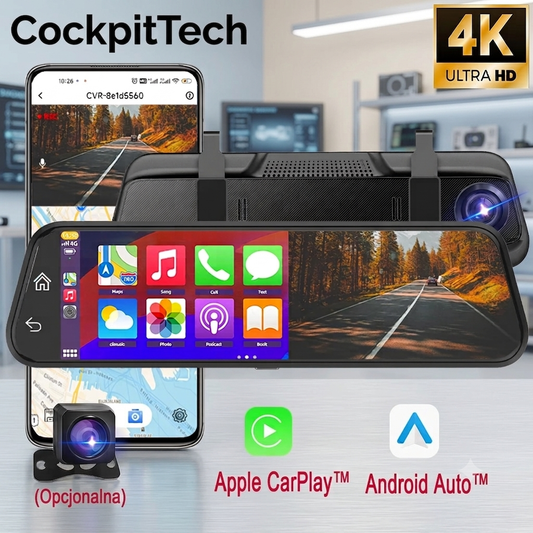 Lusterko z Wideorejestratorem 4K & Carplay/Android Auto – WiFi 5G, Kamera Cofania 1080P, COCKPITTECH