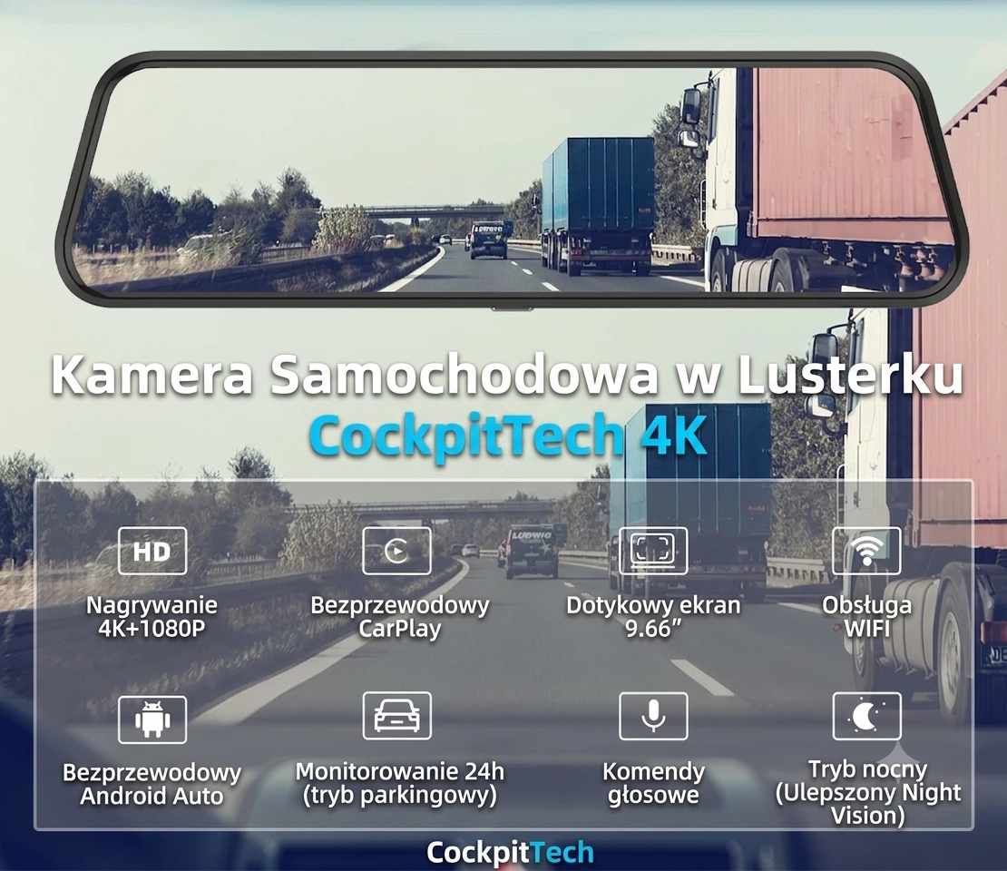 Lusterko z Wideorejestratorem 4K & Carplay/Android Auto – WiFi 5G, Kamera Cofania 1080P, COCKPITTECH