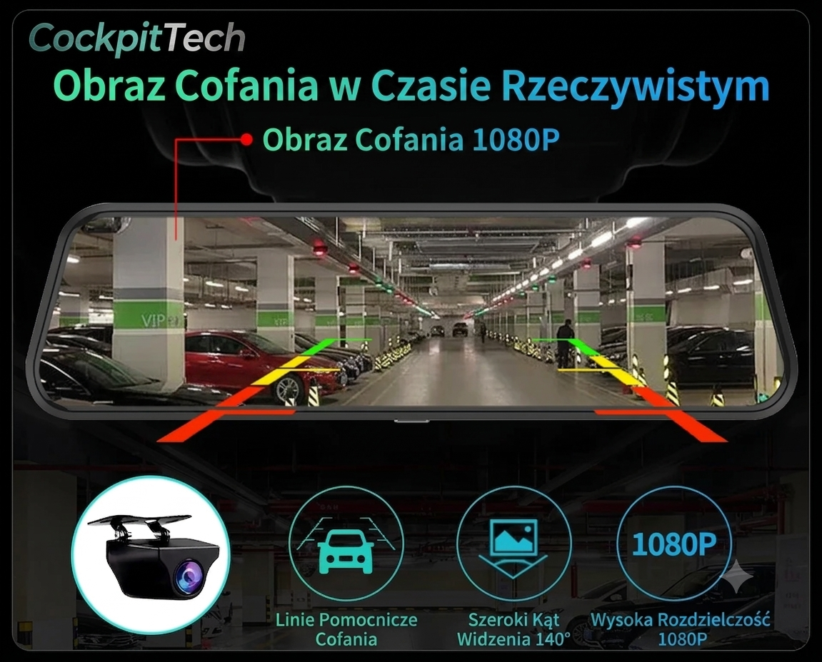 Lusterko z Wideorejestratorem 4K & Carplay/Android Auto – WiFi 5G, Kamera Cofania 1080P, COCKPITTECH