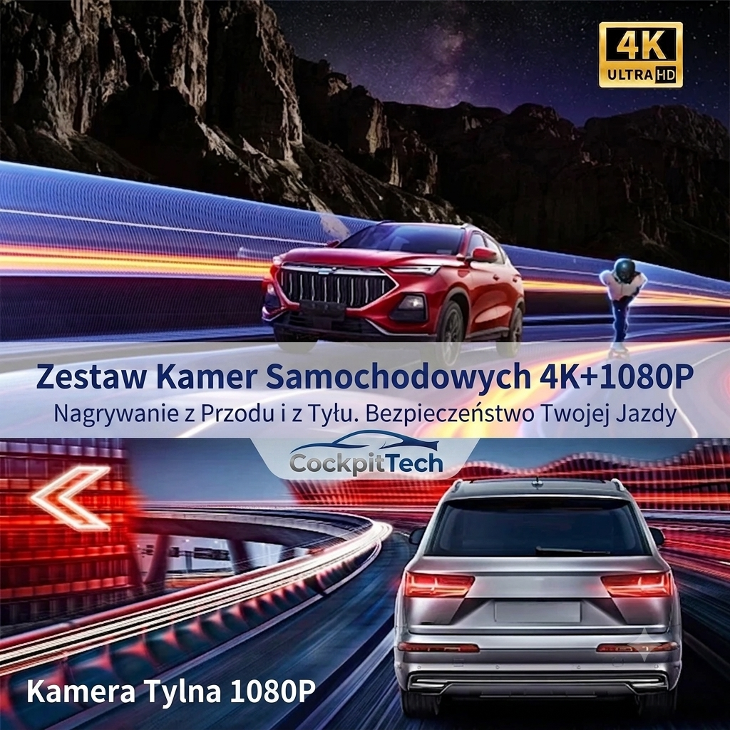 Lusterko z Wideorejestratorem 4K & Carplay/Android Auto – WiFi 5G, Kamera Cofania 1080P, COCKPITTECH