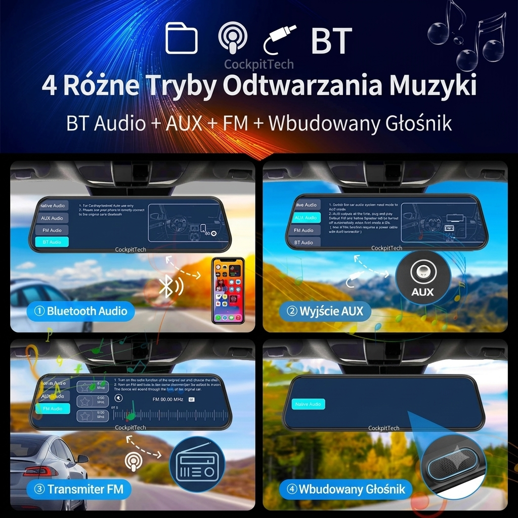 Lusterko z Wideorejestratorem 4K & Carplay/Android Auto – WiFi 5G, Kamera Cofania 1080P, COCKPITTECH